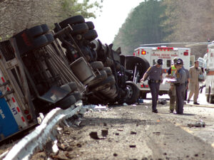 Highway,Crash,Wreck,With,Truck,,And,Rescue,Workers